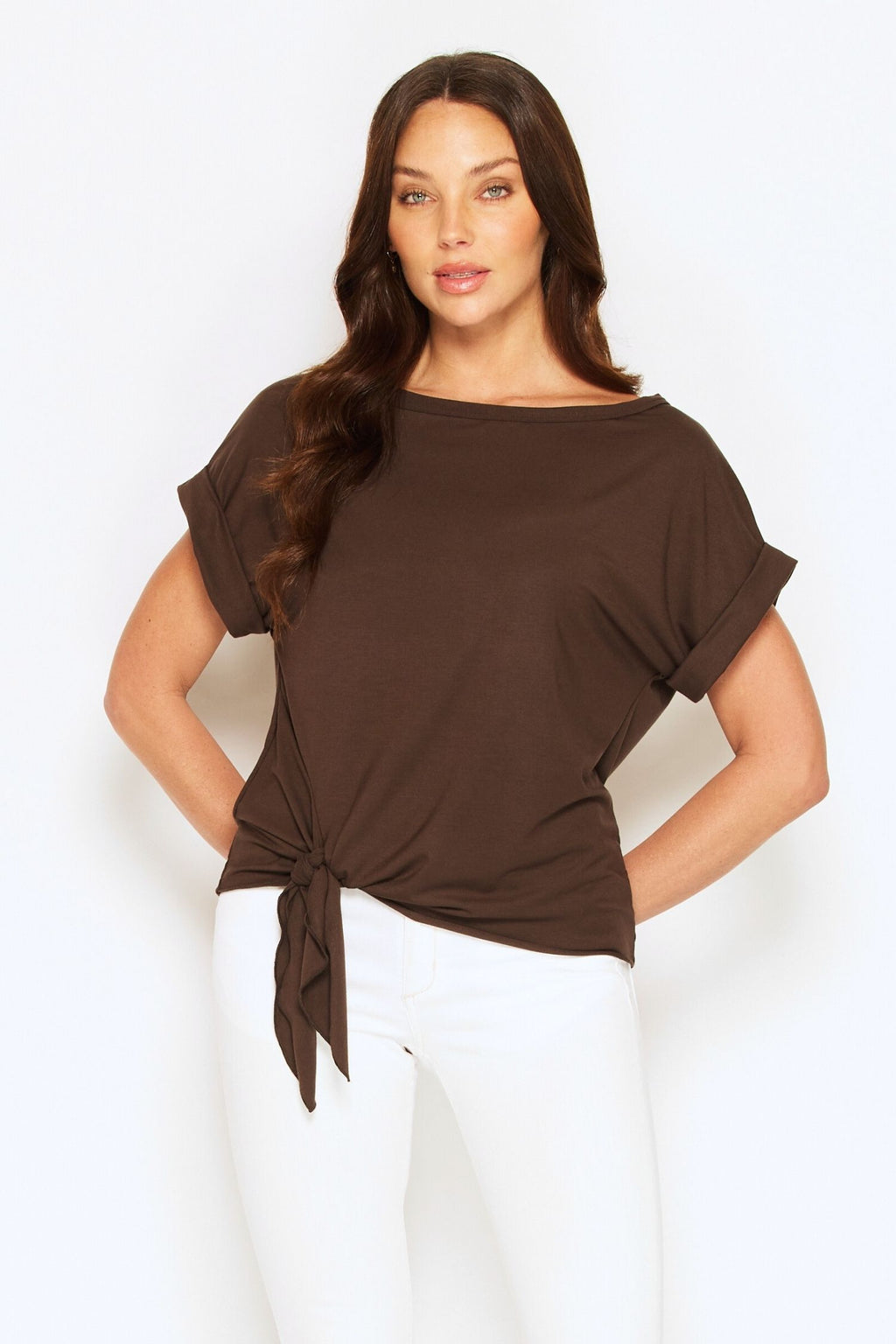 Dark olive tee with front tie and folded sleeve detail, made from natural sustainable modal, Australian made and eco-friendly