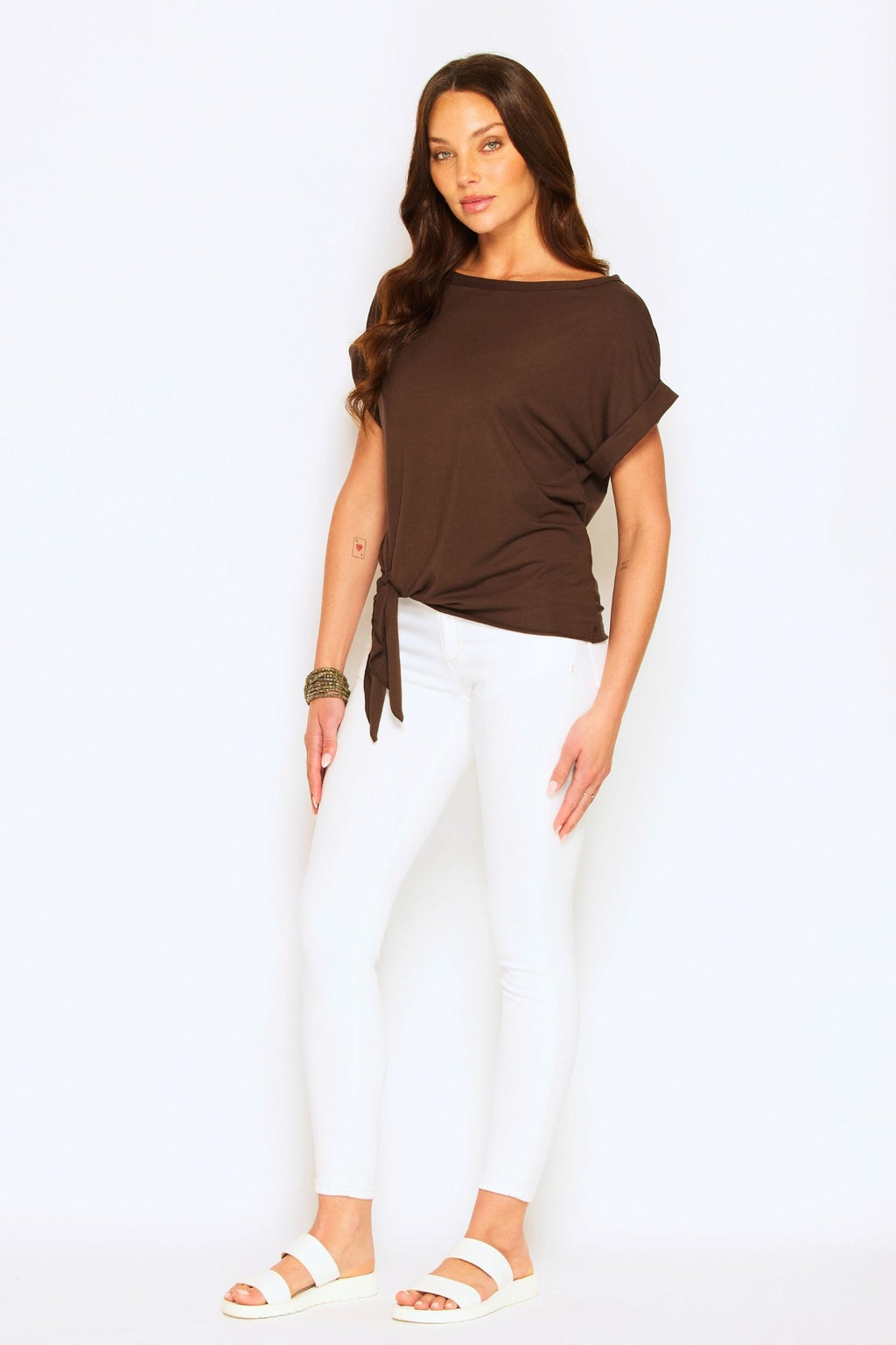 Dark olive tee with front tie and folded sleeve detail, made from natural sustainable modal, Australian made and eco-friendly