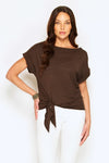Front view of women wearing dark olive tee with front tie and folded sleeve detail, made from natural sustainable modal, Australian made and eco-friendly