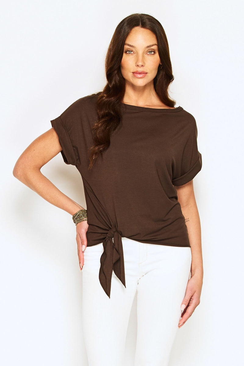 Front view of women wearing dark olive tee with front tie and folded sleeve detail, made from natural sustainable modal, Australian made and eco-friendly