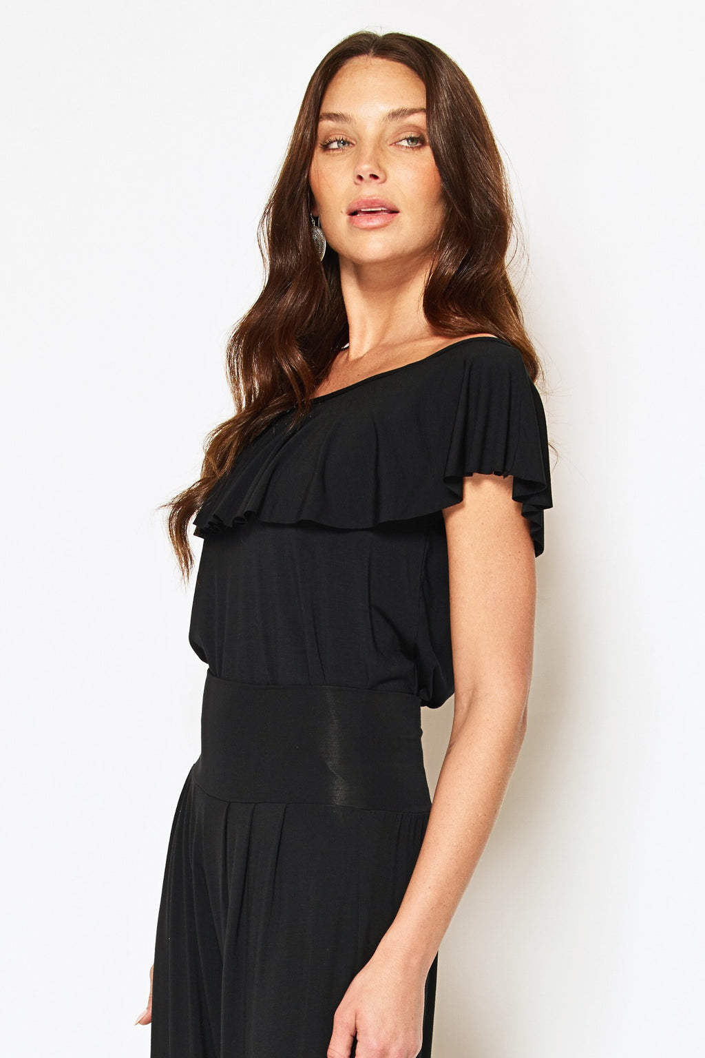 Black off-the-shoulder frilled top made from natural sustainable modal, Australian made eco-friendly women's clothing