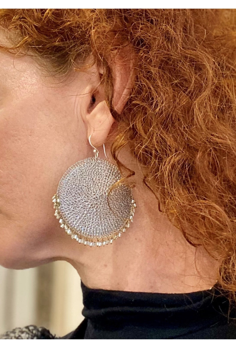 BEADED MESH EARRING - SILVER