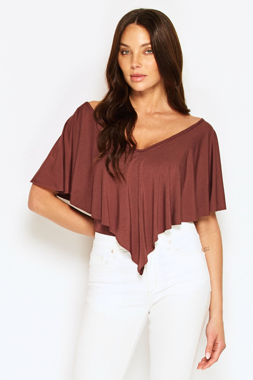 Cinnamon frilled top with short sleeves and a V neck. Made from natural sustainable modal, Australian made, eco-friendly women's clothing