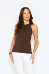 Front View of high neckline and modal fabric on dark olive eco-friendly singlet, made in Australia