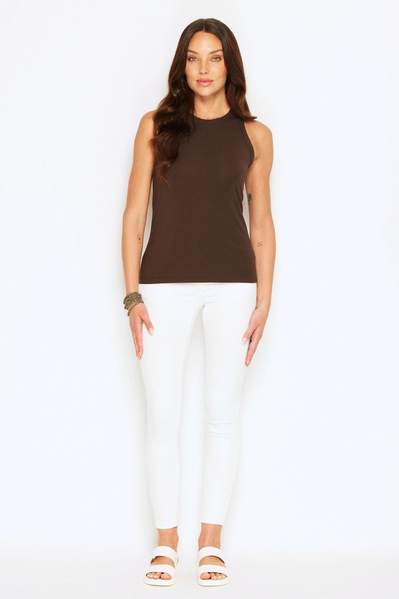 Full view of high neckline and modal fabric on dark olive eco-friendly singlet, made in Australia