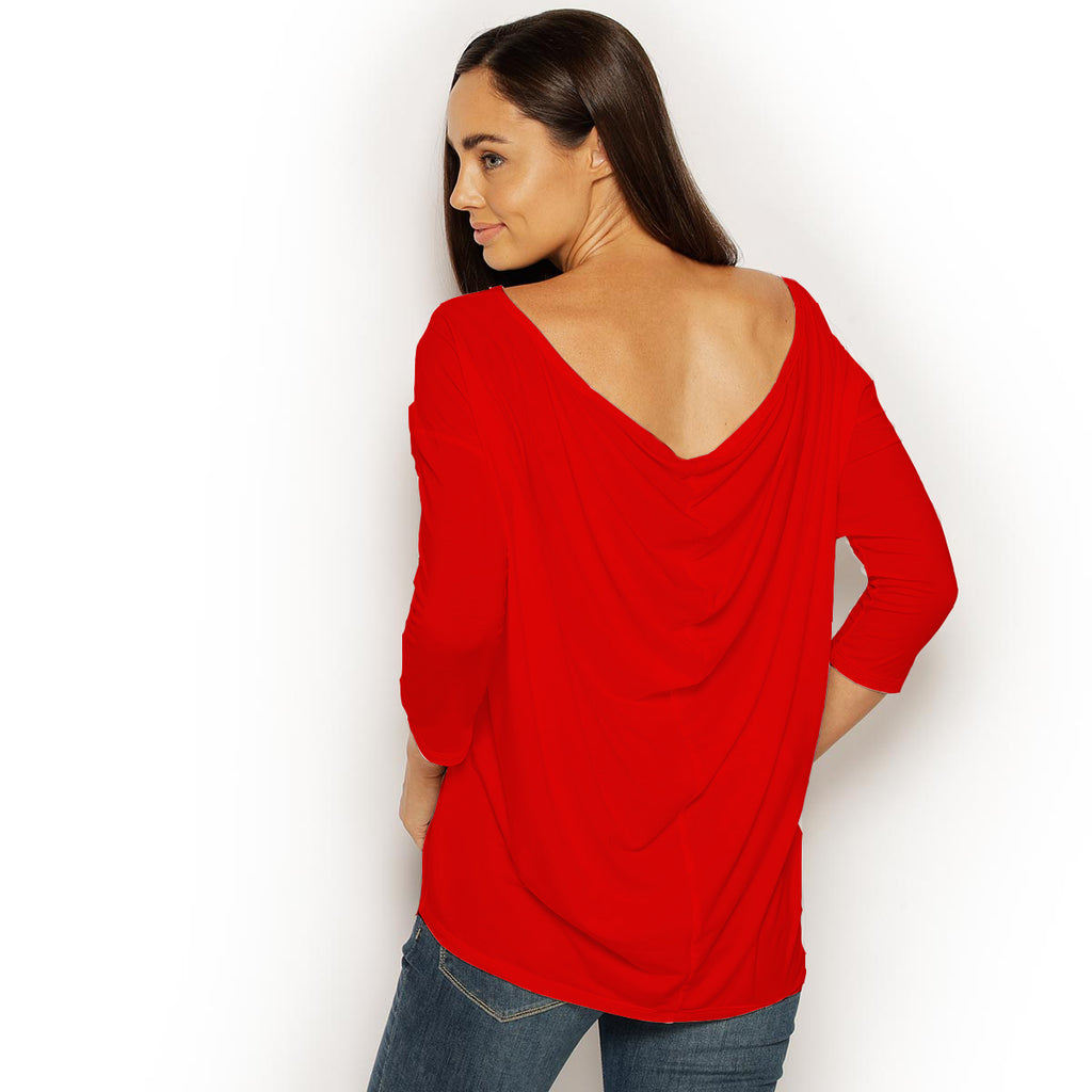 Red long sleeve top with draped back detail, made from natural sustainable modal, Australian made and eco-friendly women's clothing