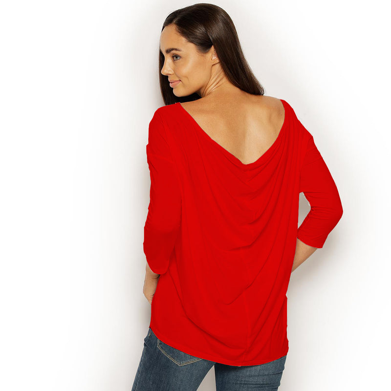 Red long sleeve top with draped back detail, made from natural sustainable modal, Australian made and eco-friendly women's clothing