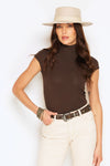 Front view of dark olive turtleneck top in sustainable modal, Australian made eco-conscious fashion