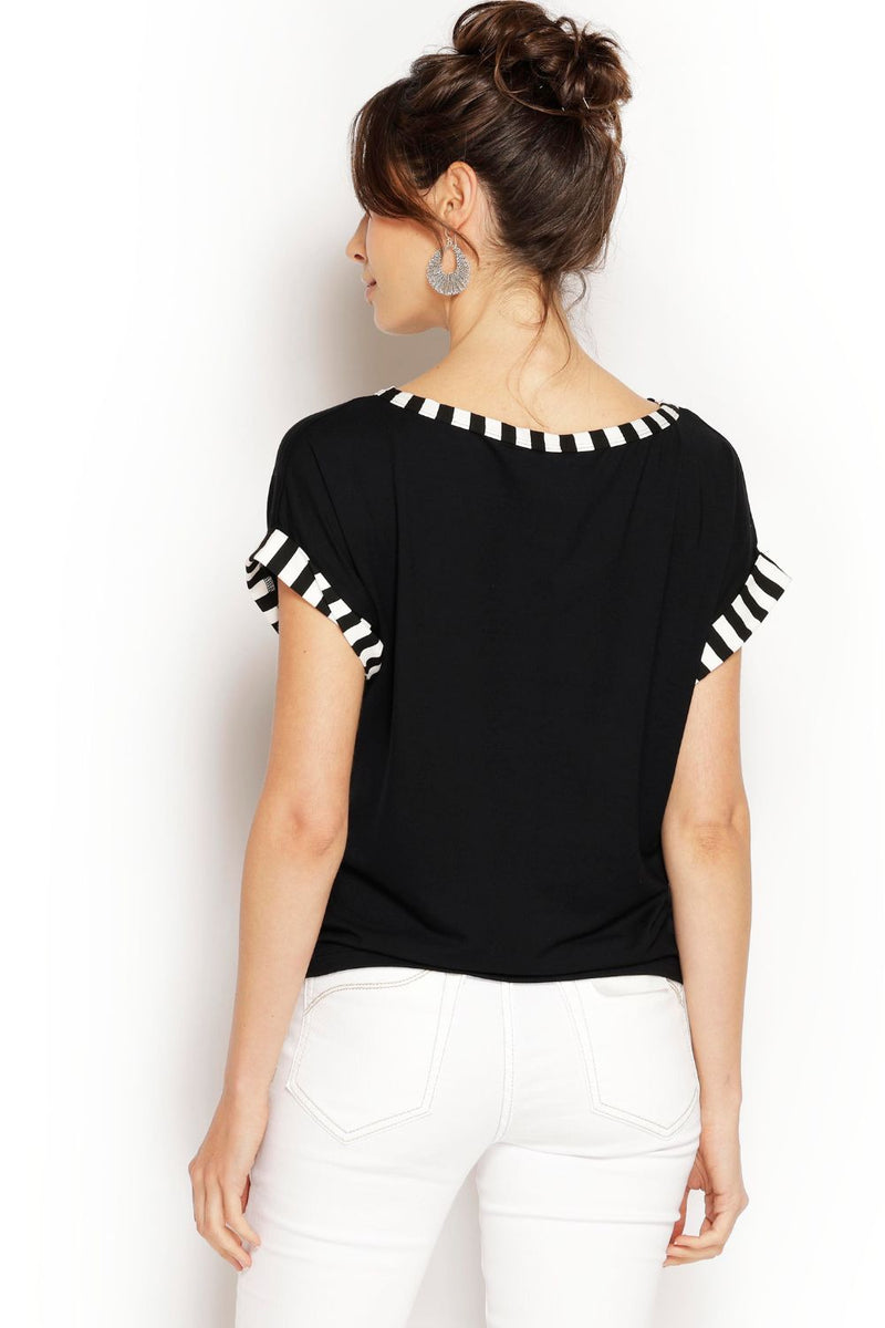 Australian made Alysha Top in black featuring subtle stripe on arm, rolled capped sleeves and relaxed fit
