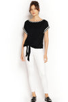 Full view of Alysha Top in black, Australian made, waist-length with loose side tie and stripe accent on sleeve