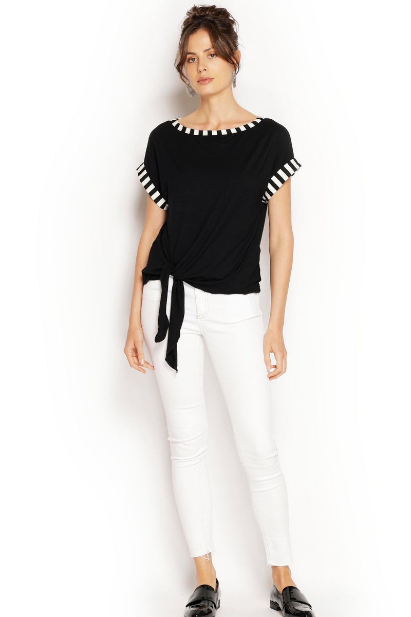 Full view of Alysha Top in black, Australian made, waist-length with loose side tie and stripe accent on sleeve