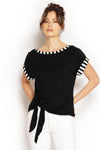 Alysha Top in Black with striped sleeve detail, Australian made from soft modal, casual luxe fit with waist-length tie