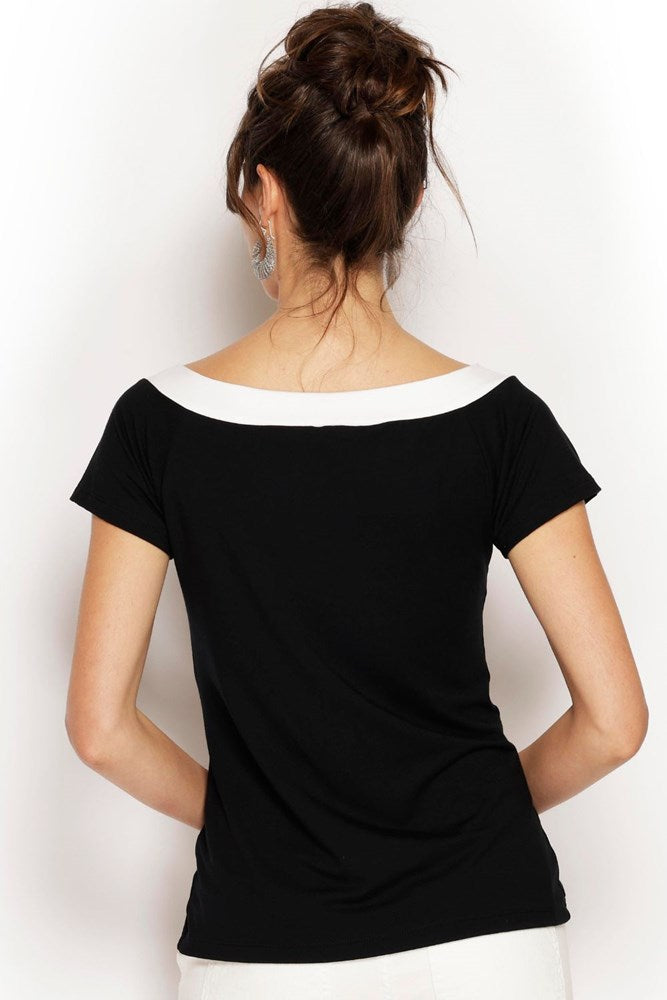 Australian made Ballet Tee in black with white contrast neckline, soft modal fabric and wide flattering design