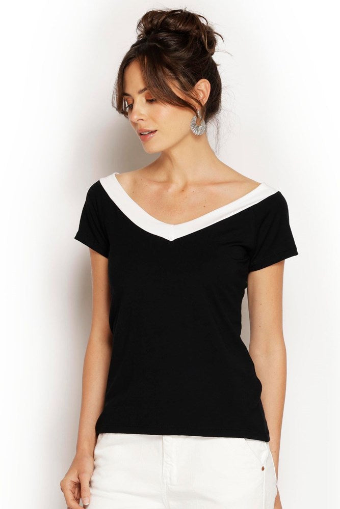 Black Ballet Tee with white contrasting neckline, Australian made from soft modal, fitted yet comfortable classic style