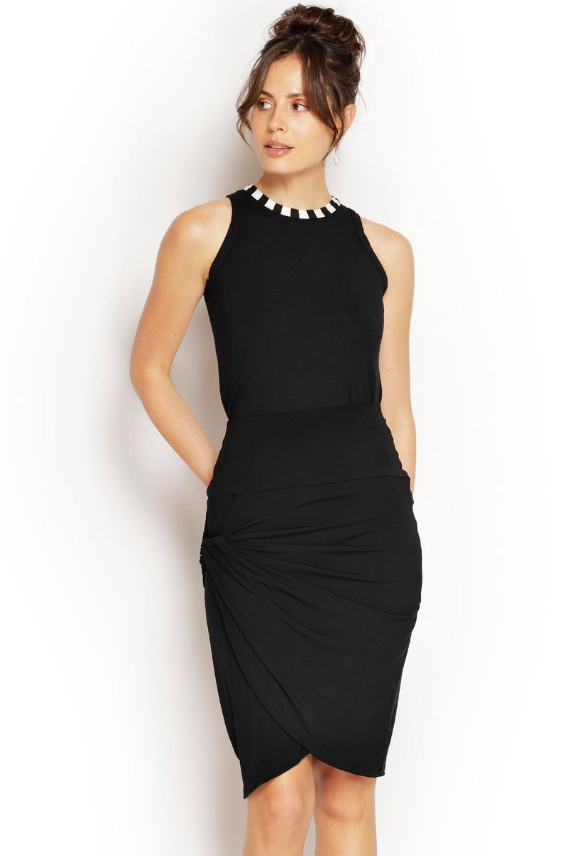 Australian made High Neck Black Singlet featuring subtle stripe detail, breathable soft modal, perfect tucked or worn out