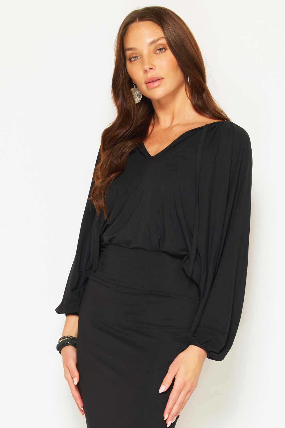 Black Painters Top made from soft micro modal, Australian made with V-neck, tie detail, and relaxed drape