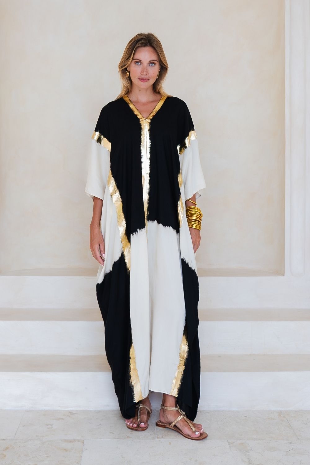 Long black and white linen kaftan with gold banding detail, natural Linen.