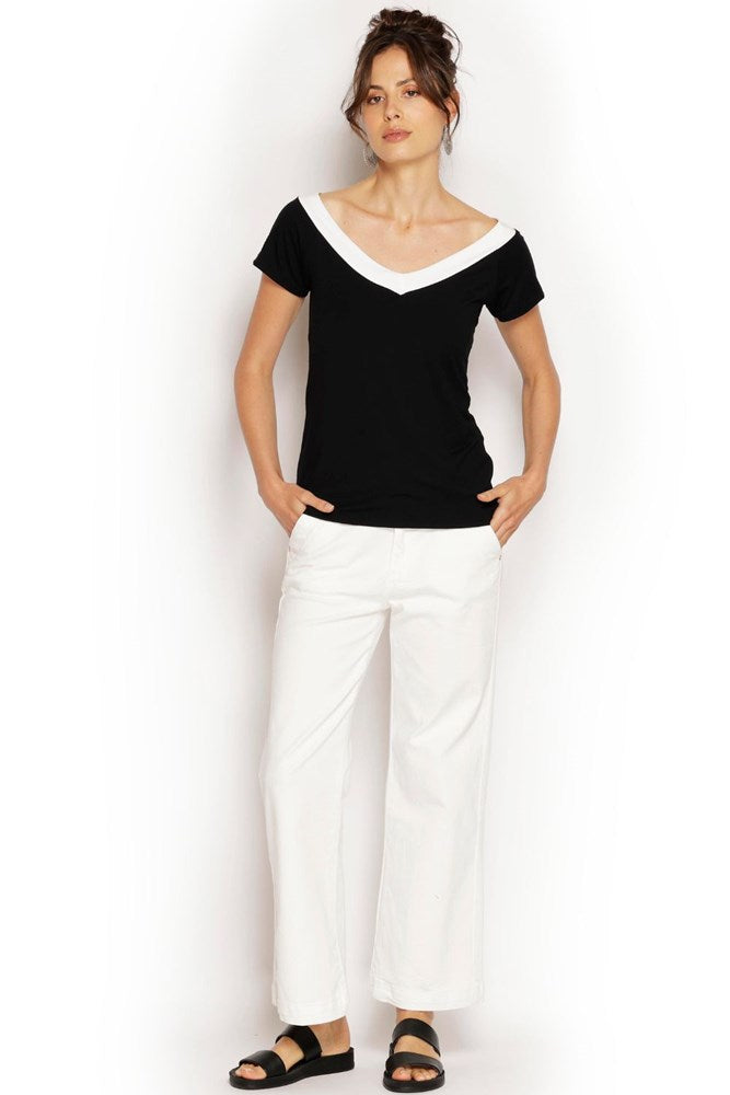 Black Tee in natural modal with subtle white neckline detail, Australian made and fitted for versatile styling