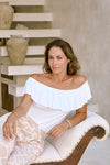 White Fifi Top styled off-the-shoulder for relaxed evenings. Lightweight, eco-friendly modal, Australian made and versatile.