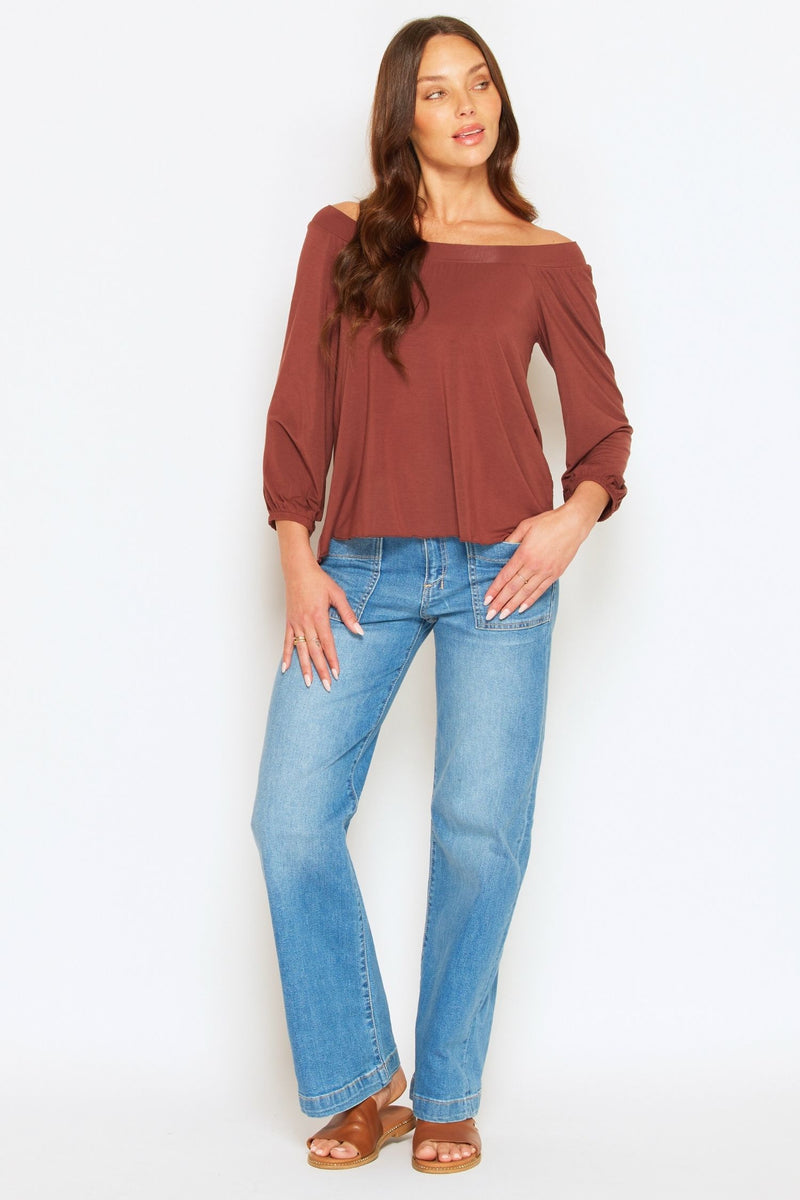 Full length view of Laluna Top in Cinnamon showing elasticated sleeves and relaxed fit. Sustainable modal fabric, Australian made.