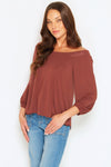 Cinnamon Laluna Top styled off-shoulder. Lightweight, eco-friendly modal, Australian made, perfect for layering or casual wear.