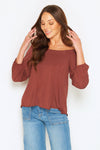 Laluna Top in Cinnamon with off-shoulder design and gathered full-length sleeves. Made from soft modal, Australian made.