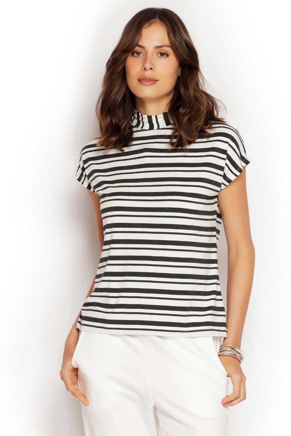 Turtle Neck in charcoal and white stripe made from soft micro modal. Australian made and naturally breathable for layering.