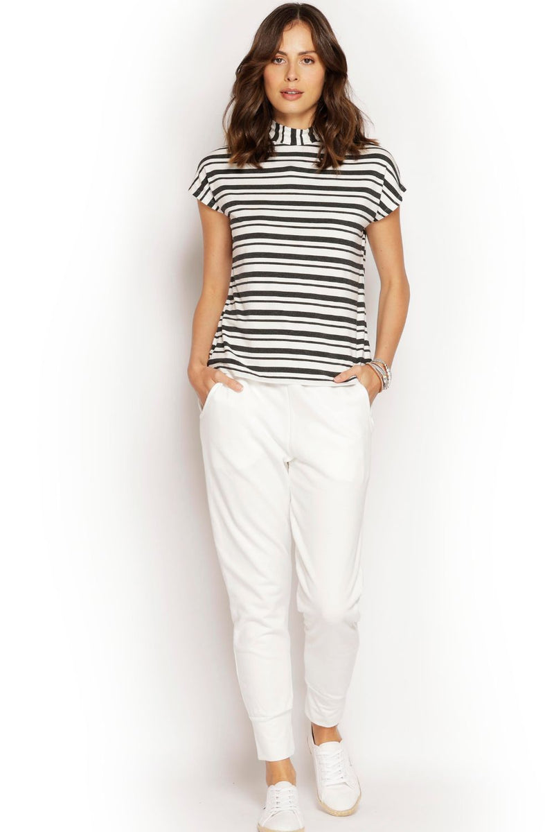 Sustainable Taylor Turtle Neck in charcoal and white stripe. Made in Australia from breathable micro modal fabric.