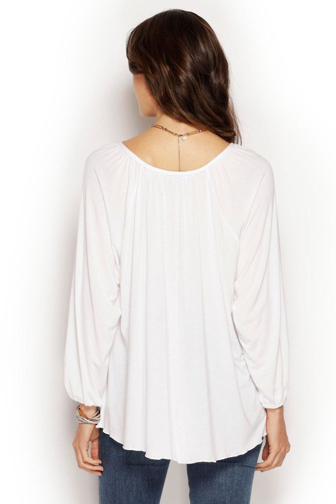 White Painters Top made from soft micro modal, Australian made with V-neck, tie detail, and relaxed drape