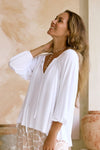 White Painters Top in soft, flowing micro modal, Australian made with V-neckline and adjustable tie detail