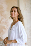 Australian made White Painters Top in micro modal with V-neck and tie detail, ideal tucked into jeans or free flowing