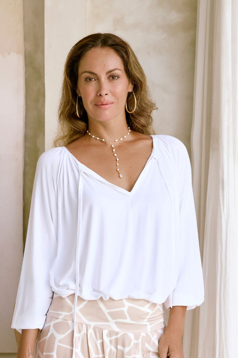 Close-up of micro modal fabric on White Painters Top, Australian made with soft, breathable drape