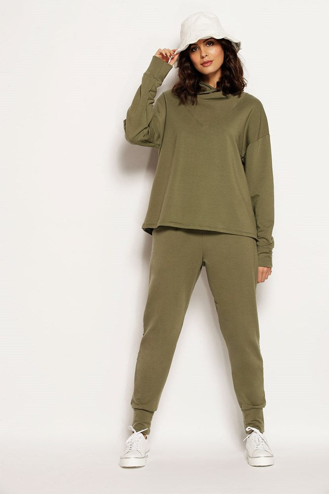 Full view of Astrid Tracksuit Top in Khaki. Sustainable, soft TENCEL®, Australian made and natural.