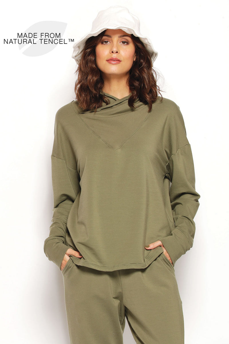 Khaki Astrid Tracksuit Top styled casually. Soft, eco-friendly TENCEL®, Australian made, ultimate comfort for everyday wear.