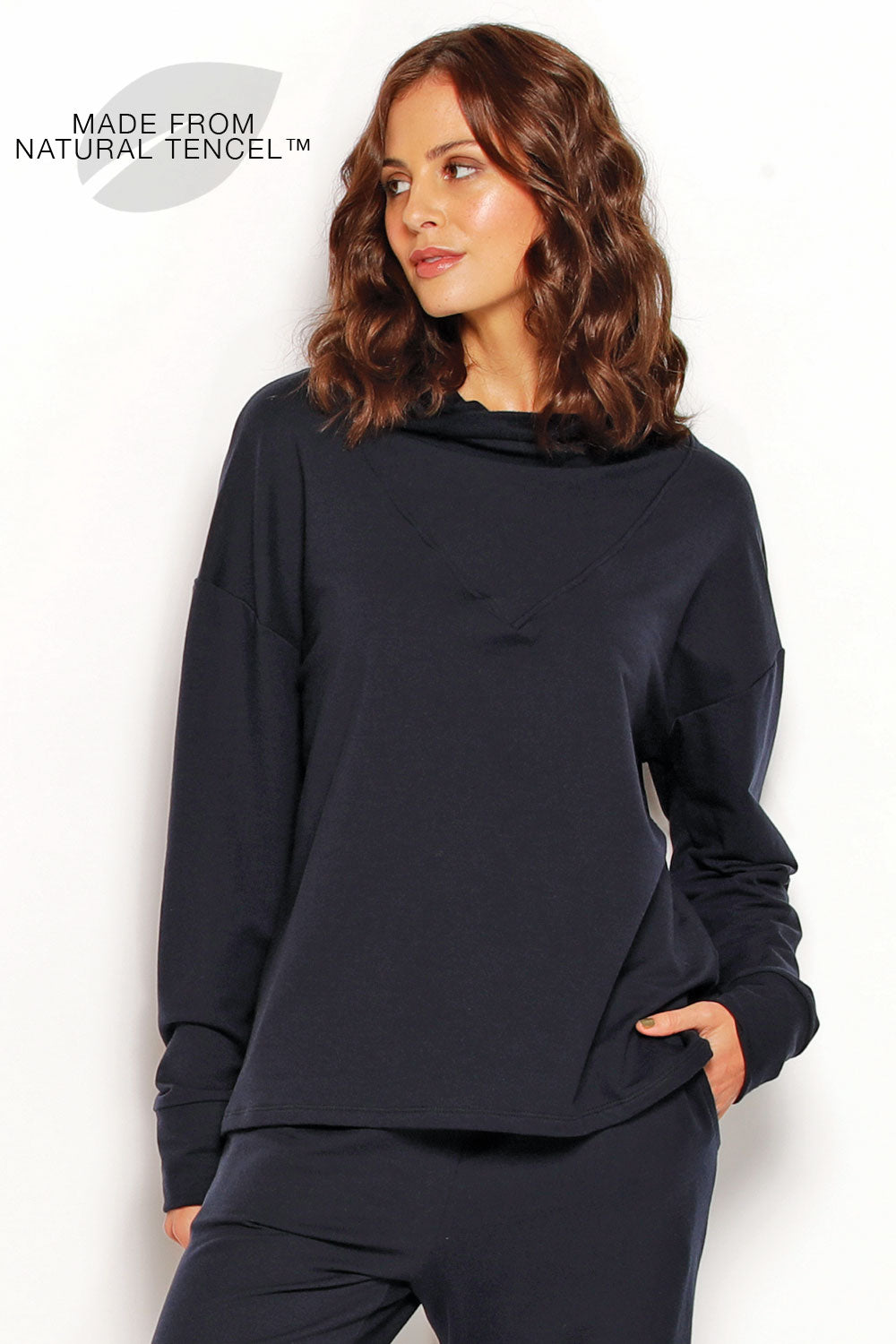 Astrid Tracksuit Top in Navy made from soft, natural TENCEL®. Australian made, eco-friendly, perfect for relaxed loungewear.