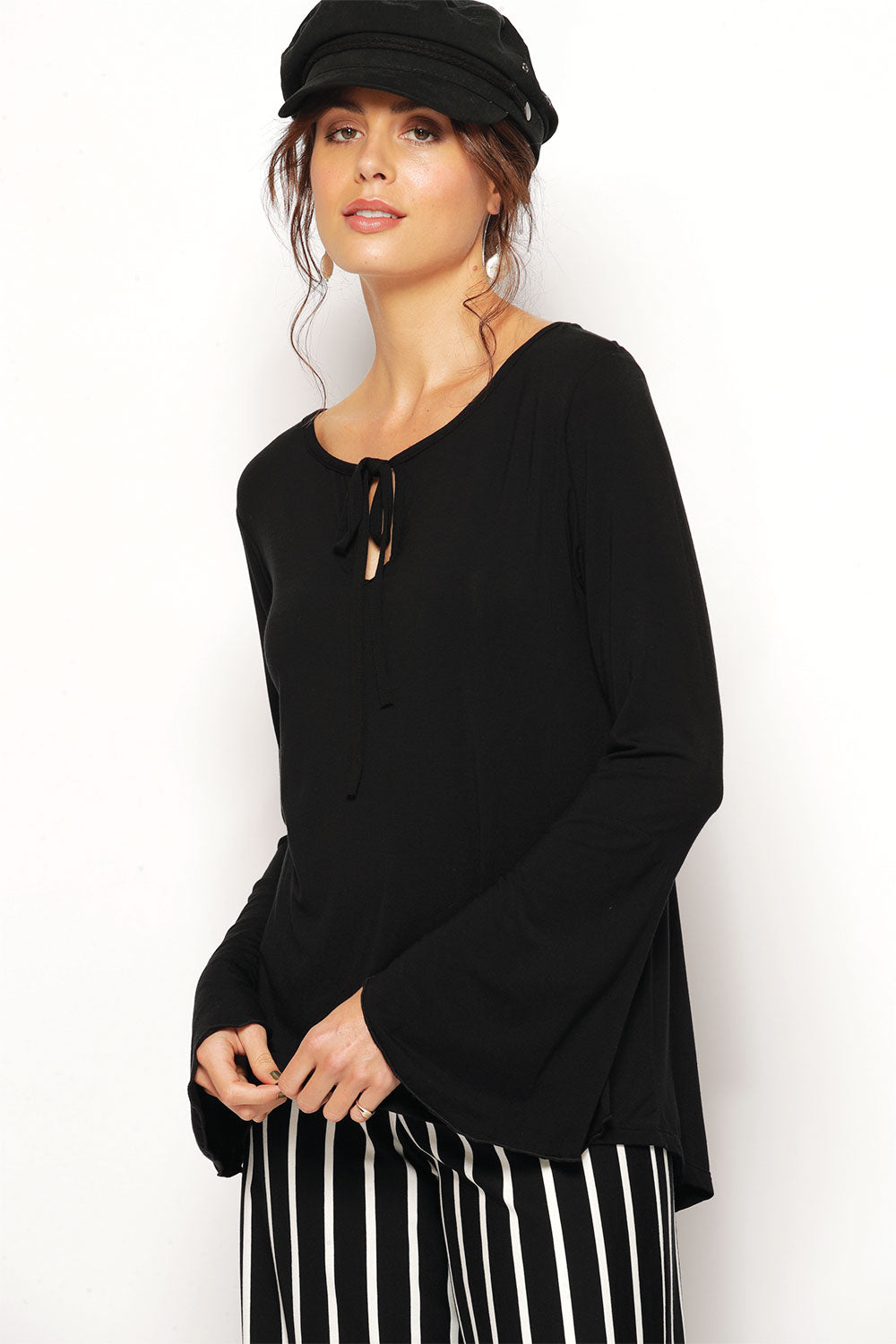Front view of Delphine Top in light-weight Micro Modal. Bell Sleeves, loose fit with tie details. Australian made, eco-friendly and soft.