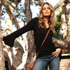 Delphine Top front view showing Bell Sleeve and adjustable tie. Made from natural, sustainable modal, Australian made.