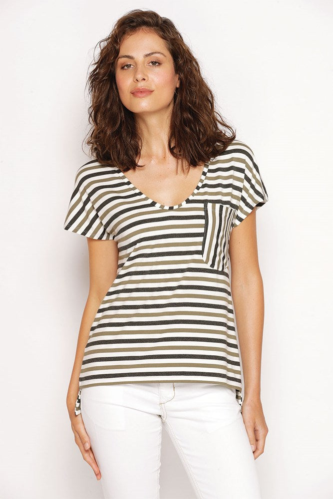 Jasper Top in Charcoal, Khaki and Natural Stripe with short capped sleeves and V-neck. Australian made from soft, eco-friendly modal.