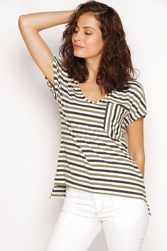 Close-up of Jasper Top showing Khaki stripe, subtle V-neck and front pocket. Eco-friendly modal, Australian made.