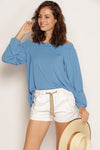 Laluna Top in Ocean Blue with off-shoulder design and gathered sleeves. Made from soft, natural modal, Australian made.