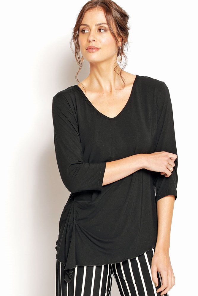 Marnie Top with 3/4 sleeves, V-neck, and ruched detailing. Made from soft, natural modal, Australian made and eco-friendly.