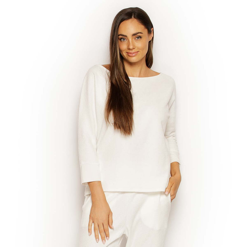 Miami Top in French Terry Towelling with 3/4 sleeves, fitted modal cuffs, and open neckline. Australian made, soft, eco-friendly and naturally breathable.