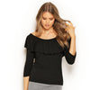 Front view of Misha Top in Black, off-the-shoulder with flowing frill and relaxed waist. Soft, sustainable modal, Australian made