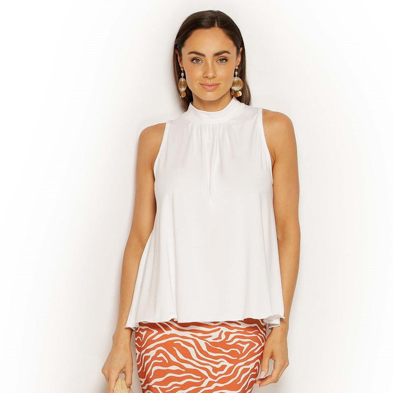 White Mitzi Top styled casually. Lightweight, mid-weight eco-friendly modal, Australian made, relaxed fit and breathable for warmer weather.