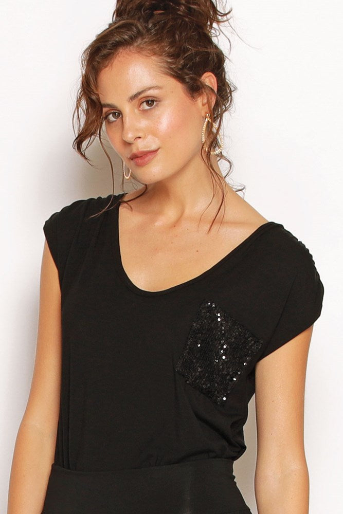 Nieve Top in Black with sequin pocket and capped sleeves. Made from soft, sustainable modal, Australian made and eco-friendly.