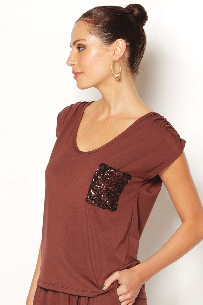 Nieve Top in Cinnamon with sequin pocket and capped sleeves. Australian made from soft, sustainable modal, natural and eco-friendly.
