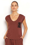 Nieve Top in Cinnamon with sequin pocket and capped sleeves. Australian made from soft, sustainable modal, natural and eco-friendly.