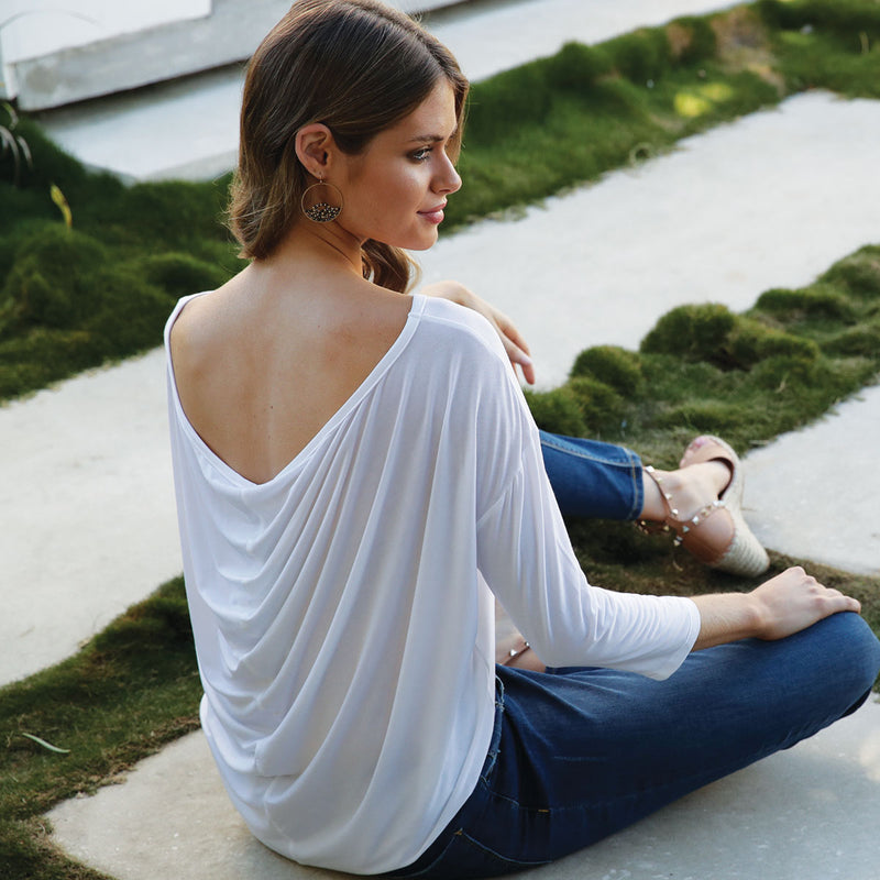 White Nova Draped Top with drape design on the back. Lightweight micro modal, 3/4 sleeves, natural and eco-friendly Australian made top.