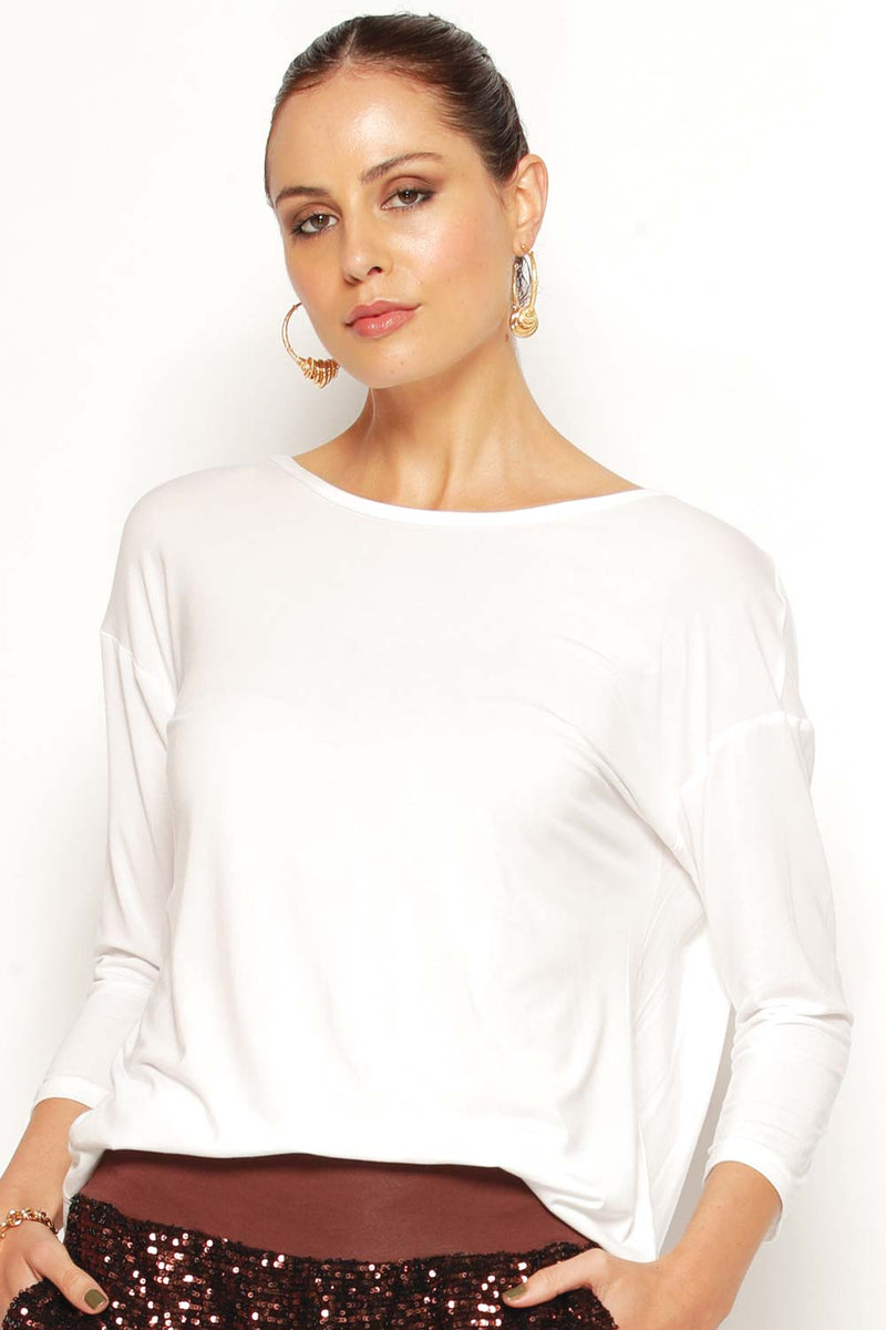 White Nova Draped Top back view with relaxed drape. Lightweight, eco-friendly micro modal, Australian made and breathable.