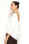 Front view of Nova Draped Top in White with 3/4 sleeves and relaxed fit. Australian made. Drape feature on the back.